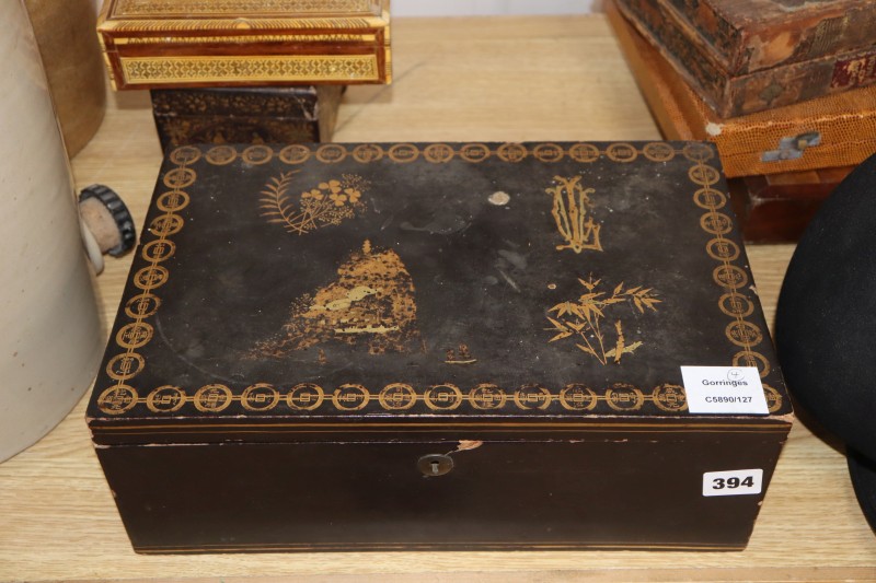 Two Chinese black and gilt lacquer boxes and two other boxes (4)